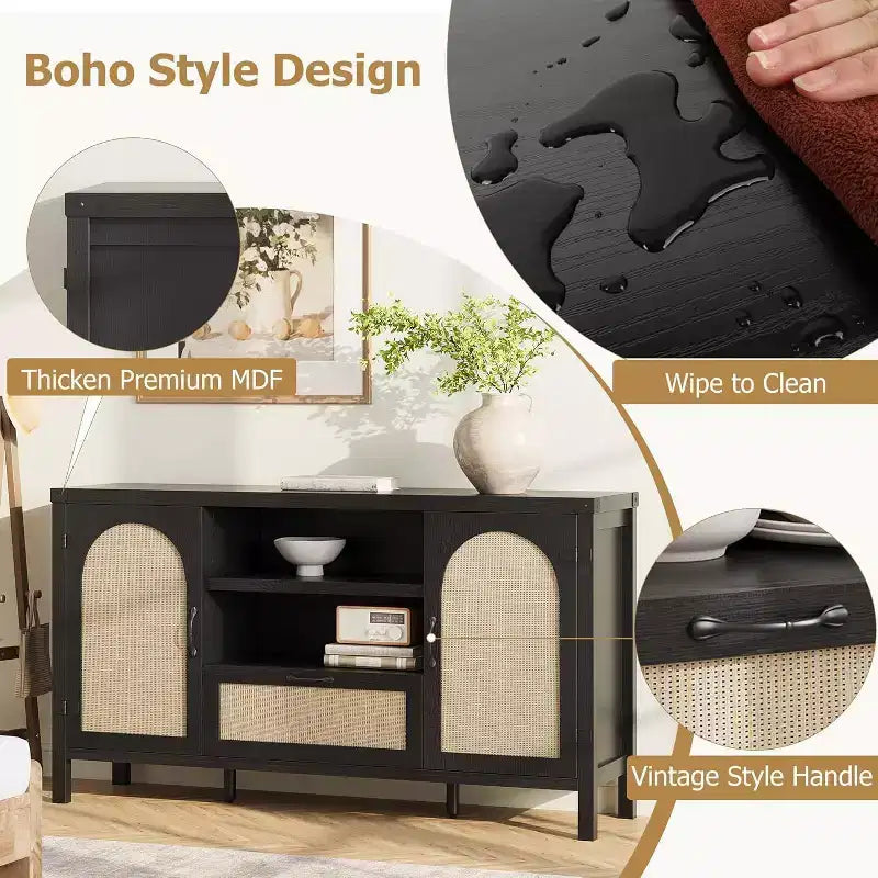 Madia buffet da 150 cm, colore nero / legno, 2 ante con cassetto