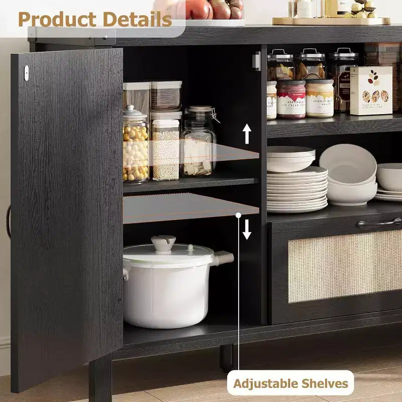 Madia buffet da 150 cm, colore nero / legno, 2 ante con cassetto