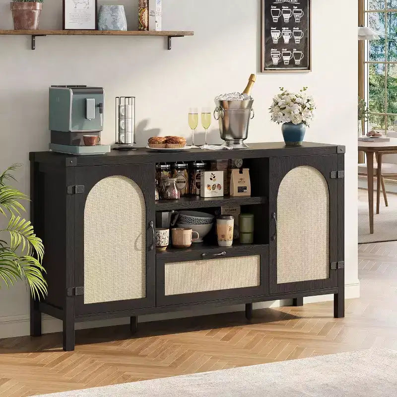 Madia buffet da 150 cm, colore nero / legno, 2 ante con cassetto