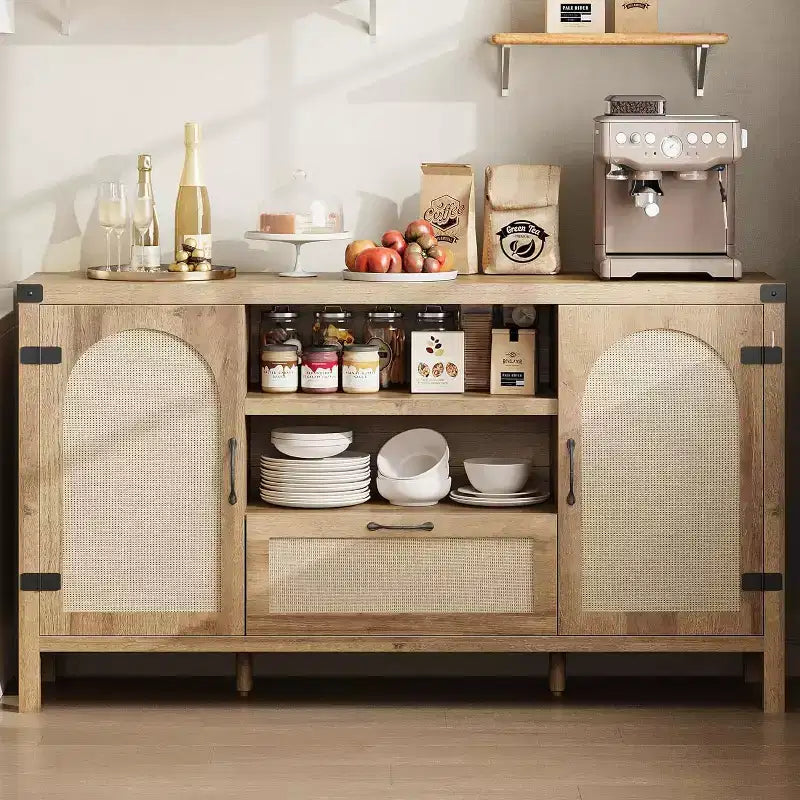 Madia buffet da 150 cm, colore nero / legno, 2 ante con cassetto