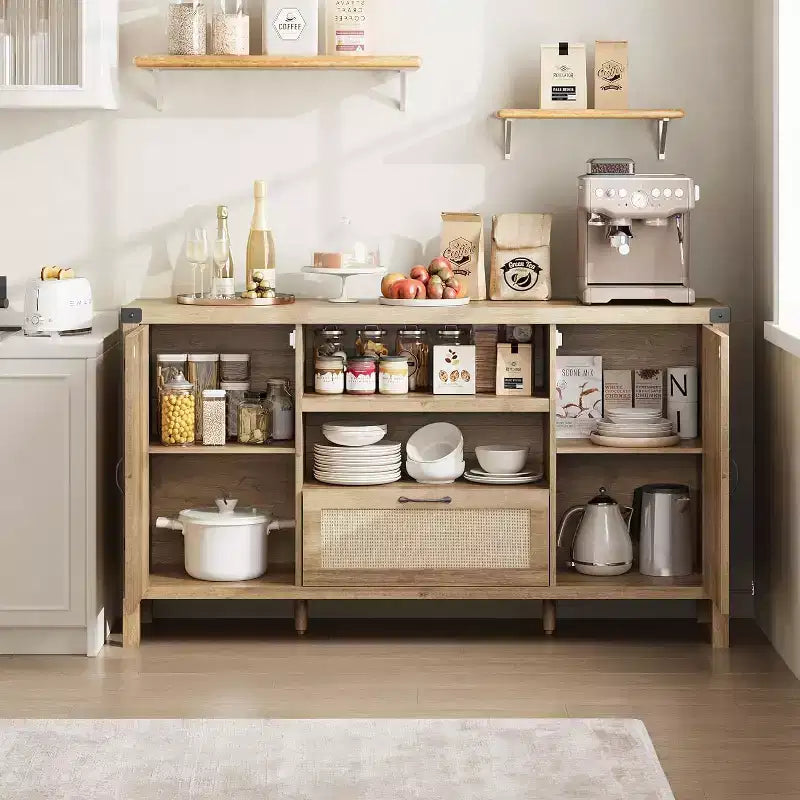 Madia buffet da 150 cm, colore nero / legno, 2 ante con cassetto