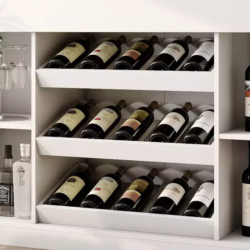 Mobile bar bianco con LED e piano in vetro ondulato, 15 bottiglie, 5 ripiani