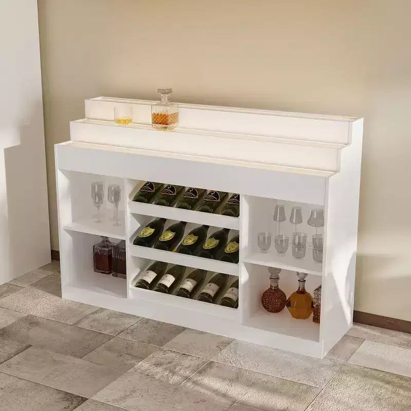 Mobile bar bianco con LED e piano in vetro ondulato, 15 bottiglie, 5 ripiani