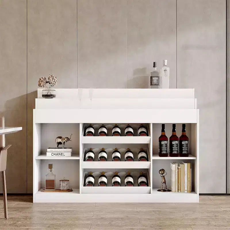 Mobile bar bianco con LED e piano in vetro ondulato, 15 bottiglie, 5 ripiani