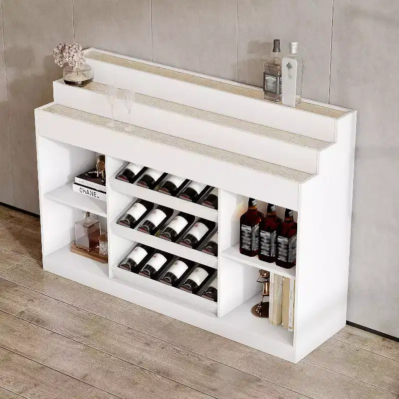 Mobile bar bianco con LED e piano in vetro ondulato, 15 bottiglie, 5 ripiani