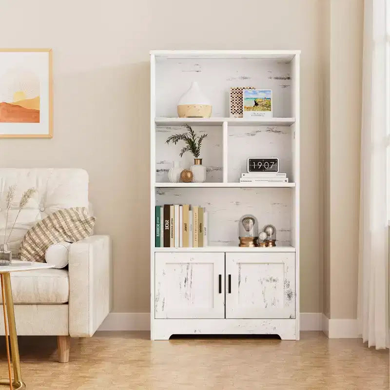 Libreria bianca a 4 ripiani con luce LED e ante, singola