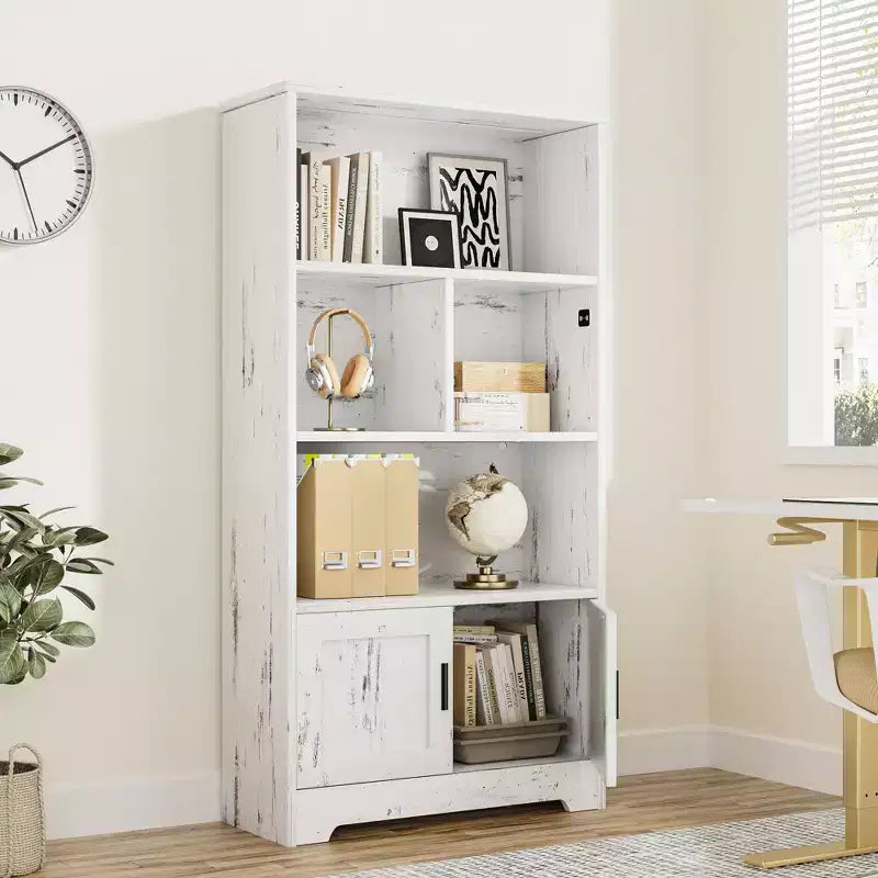 Libreria bianca a 4 ripiani con luce LED e ante, singola