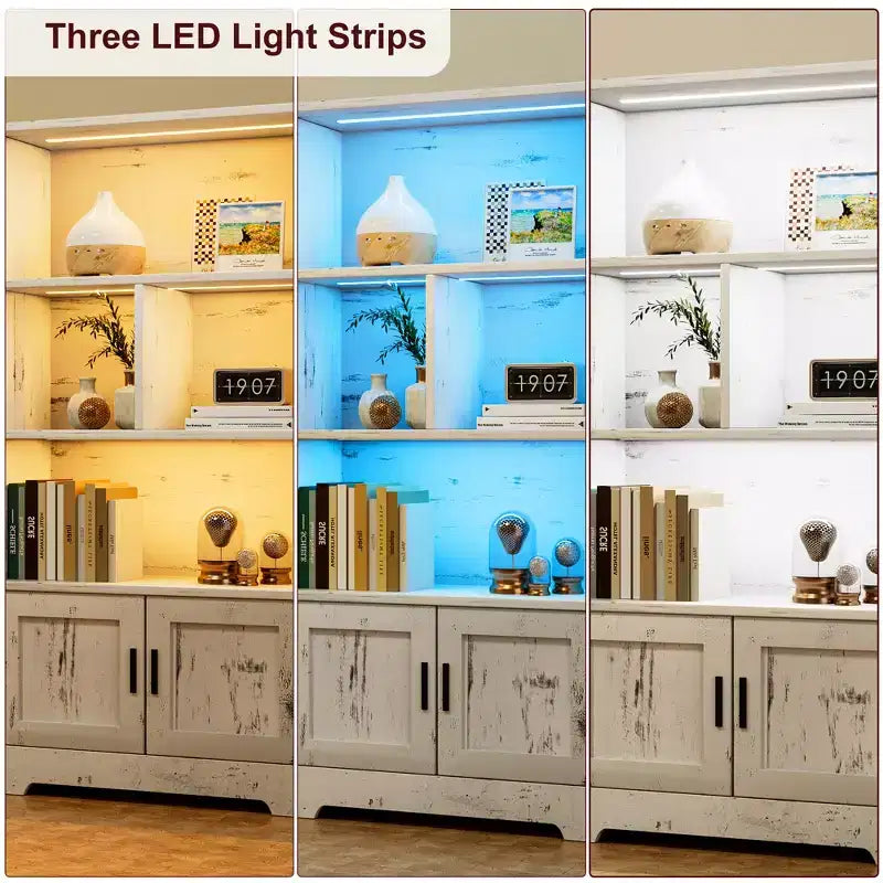 Libreria bianca a 4 ripiani con luce LED e ante, singola