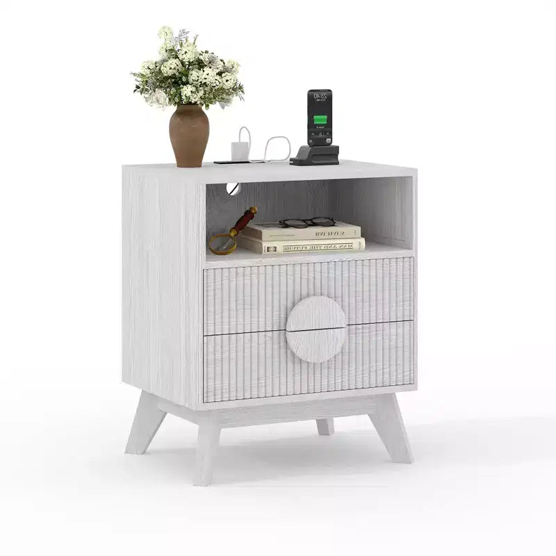 Comodino scanalato marrone/grigio con stazione di ricarica, 2 cassetti e ripiano aperto, 1-2 pz