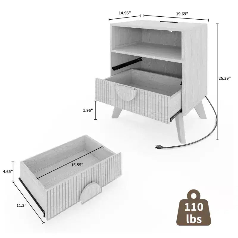 Comodino scanalato marrone/grigio con stazione di ricarica, 2 cassetti e ripiano aperto, 1-2 pz