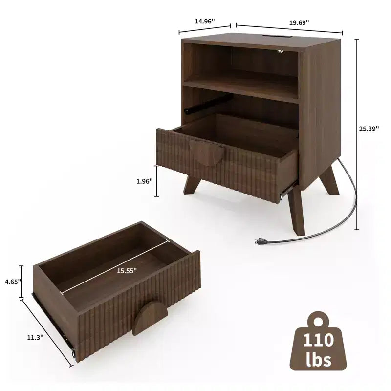 Comodino scanalato marrone/grigio con stazione di ricarica, 2 cassetti e ripiano aperto, 1-2 pz