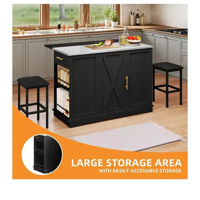 Isola cucina con ruote, ribalta e 2 sgabelli – Nero/Bianco, 2 posti