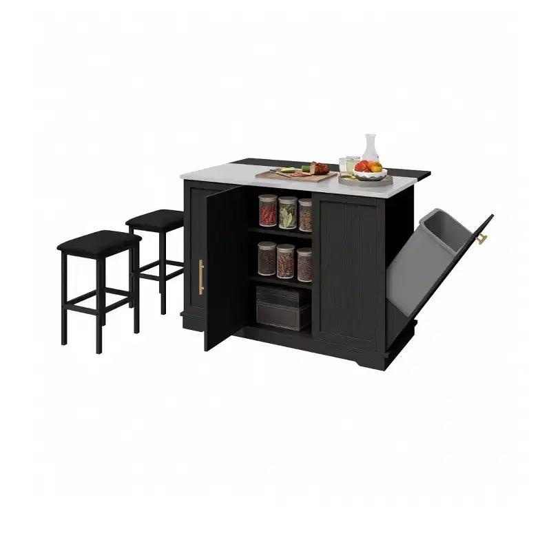 Isola cucina con ruote, ribalta e 2 sgabelli – Nero/Bianco, 2 posti