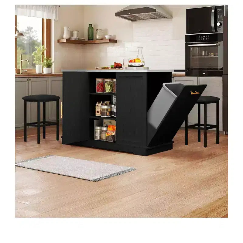Isola cucina con ruote, ribalta e 2 sgabelli – Nero/Bianco, 2 posti