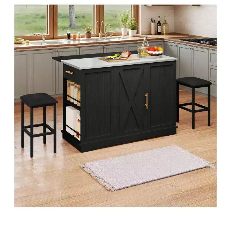 Isola cucina con ruote, ribalta e 2 sgabelli – Nero/Bianco, 2 posti