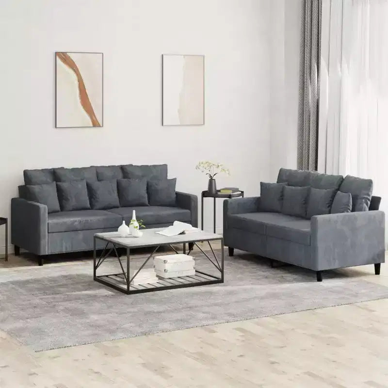 Set Divano 2 Posti in Velluto Grigio Scuro per 4