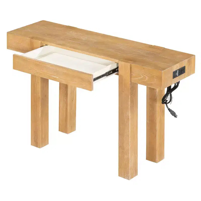 Tavolo Consolle Nero/Espresso/Legno Naturale con Cassetto e Presa di Corrente