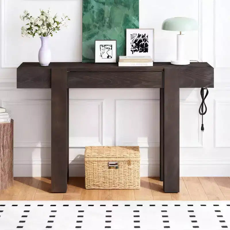 Tavolo Consolle Nero/Espresso/Legno Naturale con Cassetto e Presa di Corrente