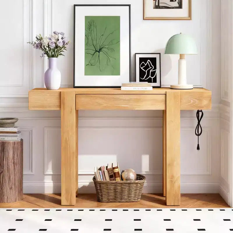 Tavolo Consolle Nero/Espresso/Legno Naturale con Cassetto e Presa di Corrente