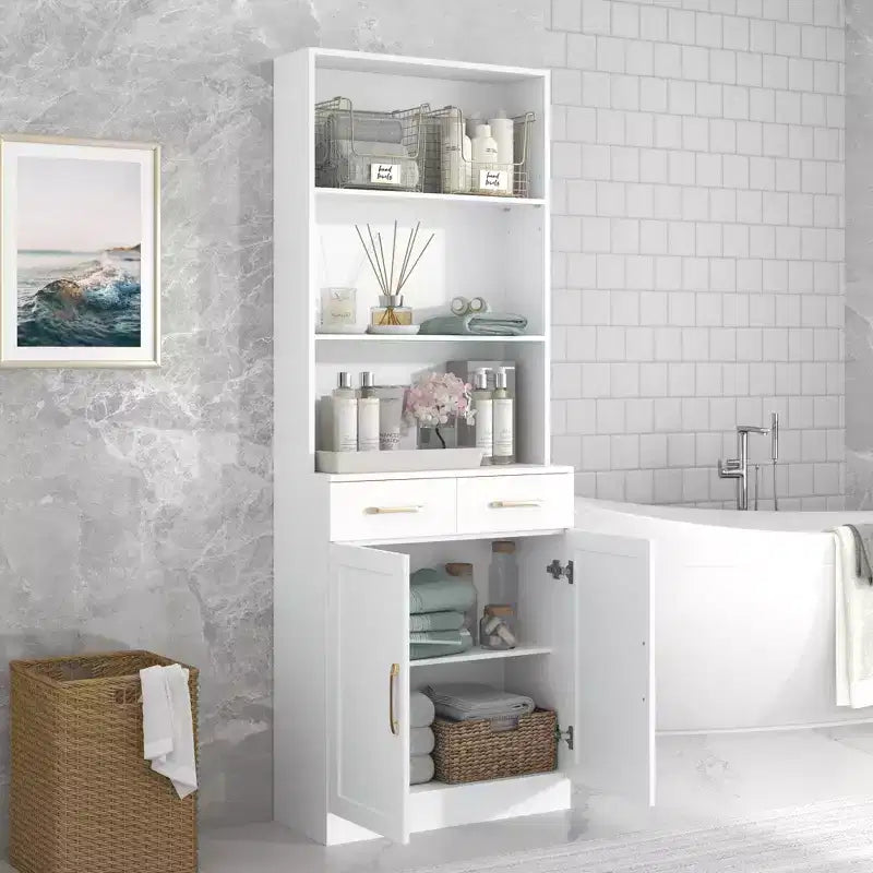 Mobile contenitore alto per bagno con cassetti e ripiani a giorno – Nero / Caffè / Grigio / Rovere / Bianco