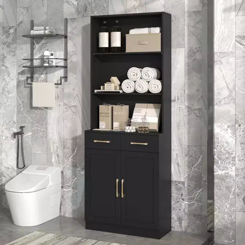 Mobile contenitore alto per bagno con cassetti e ripiani a giorno – Nero / Caffè / Grigio / Rovere / Bianco