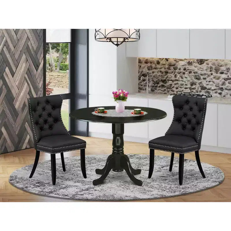 Set da pranzo ovale nero in legno e similpelle, 3 pezzi – 2 posti