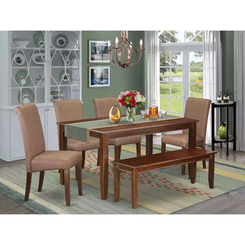 Set da pranzo in stile rustico marrone, 6 pezzi, 5 posti a sedere