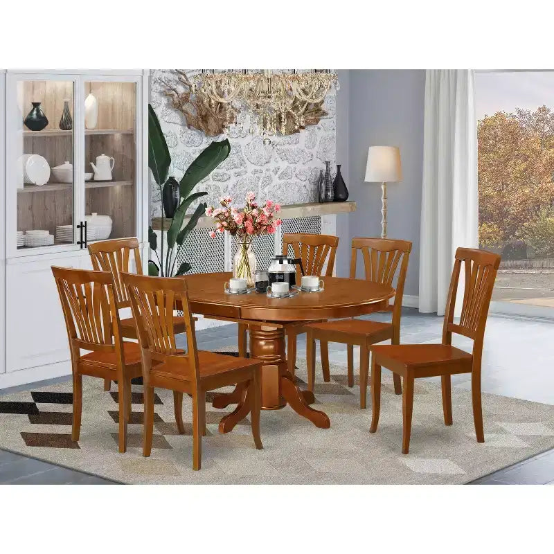 Set da pranzo 7 pezzi in legno marrone sella e similpelle, 6 posti