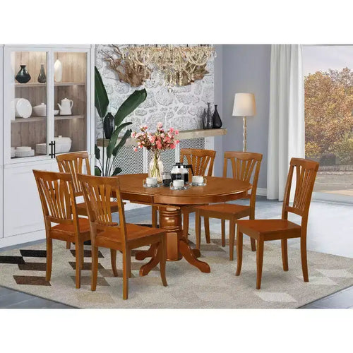 Set da pranzo 7 pezzi in legno marrone sella e similpelle, 6 posti
