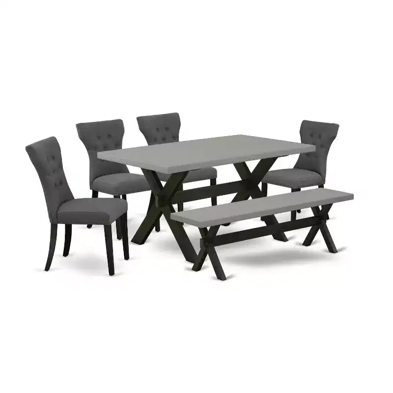 HomeStock 6-Pc Rectangle Natural Oak Finish Solid Wood Top Dining Table with 1-Bench, 4-Chairs